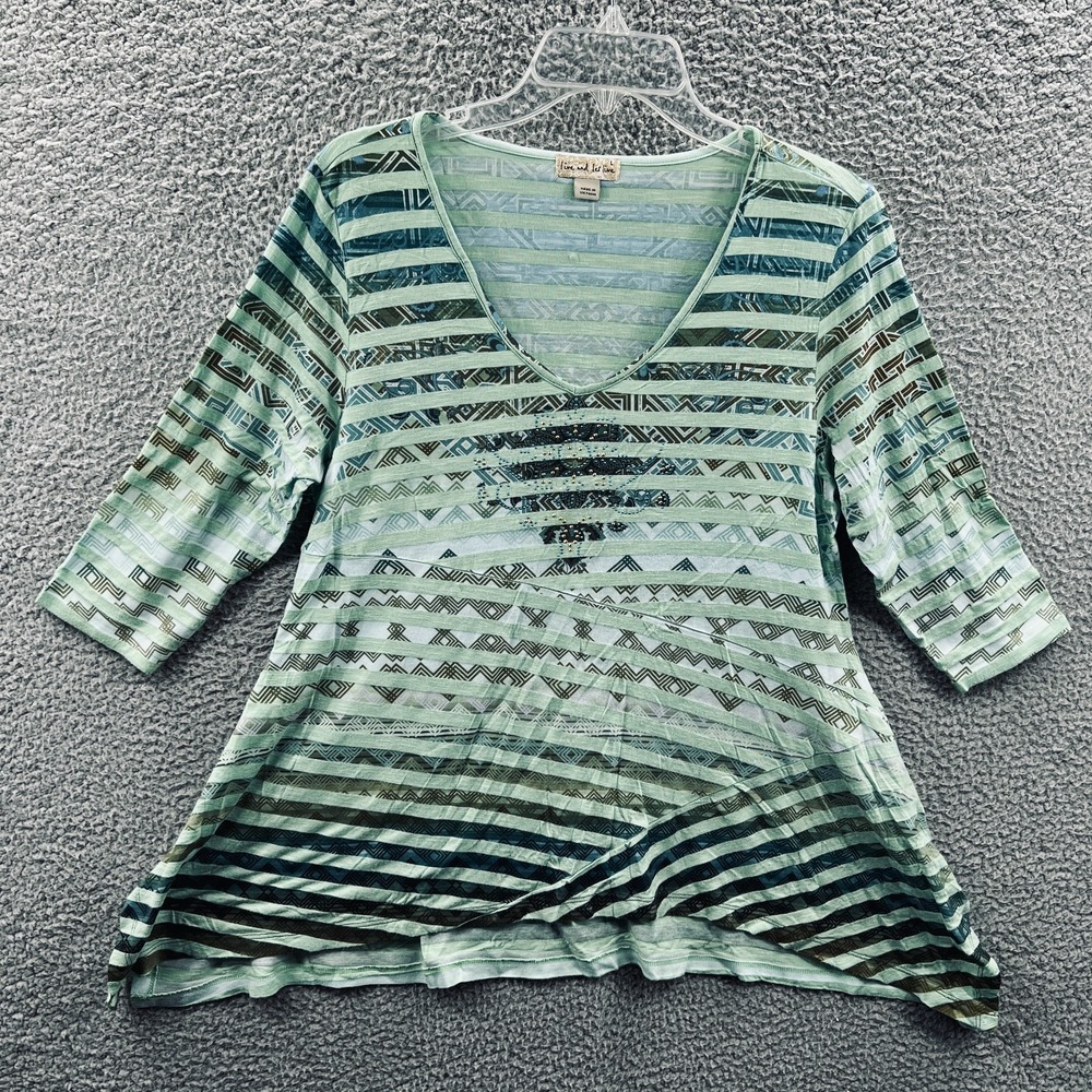 Womens Boho Artsy Tunic Top L Geometric Stripe Indie Flowy Relaxed Casual Draped